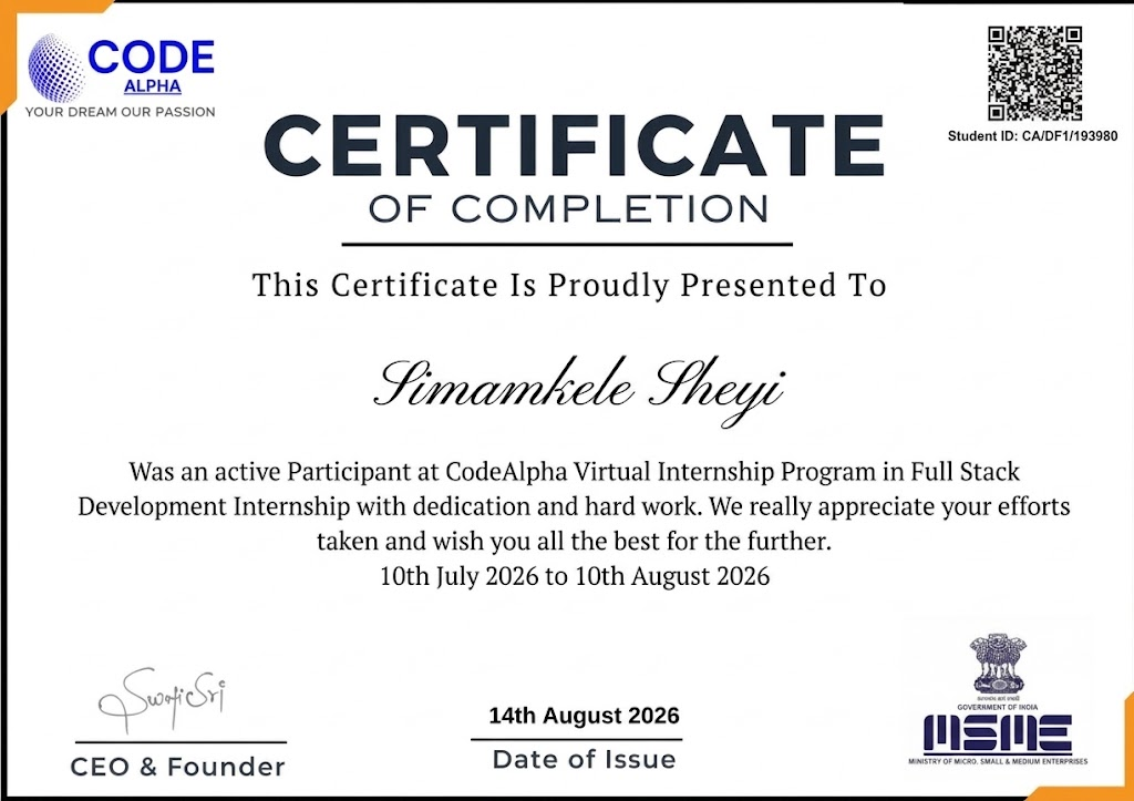 CodeAlpha Full-Stack Development Internship Certificate of Completion awarded to Simamkele Sheyi, July to August 2026
