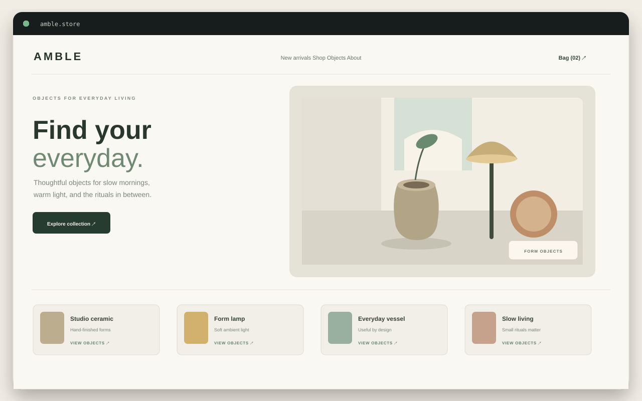 AMBLE ecommerce storefront preview with everyday objects, ceramics and lighting