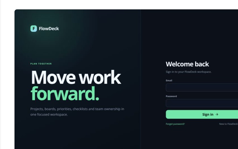 Saved FlowDeck web interface capture showing the branded welcome and sign-in screen