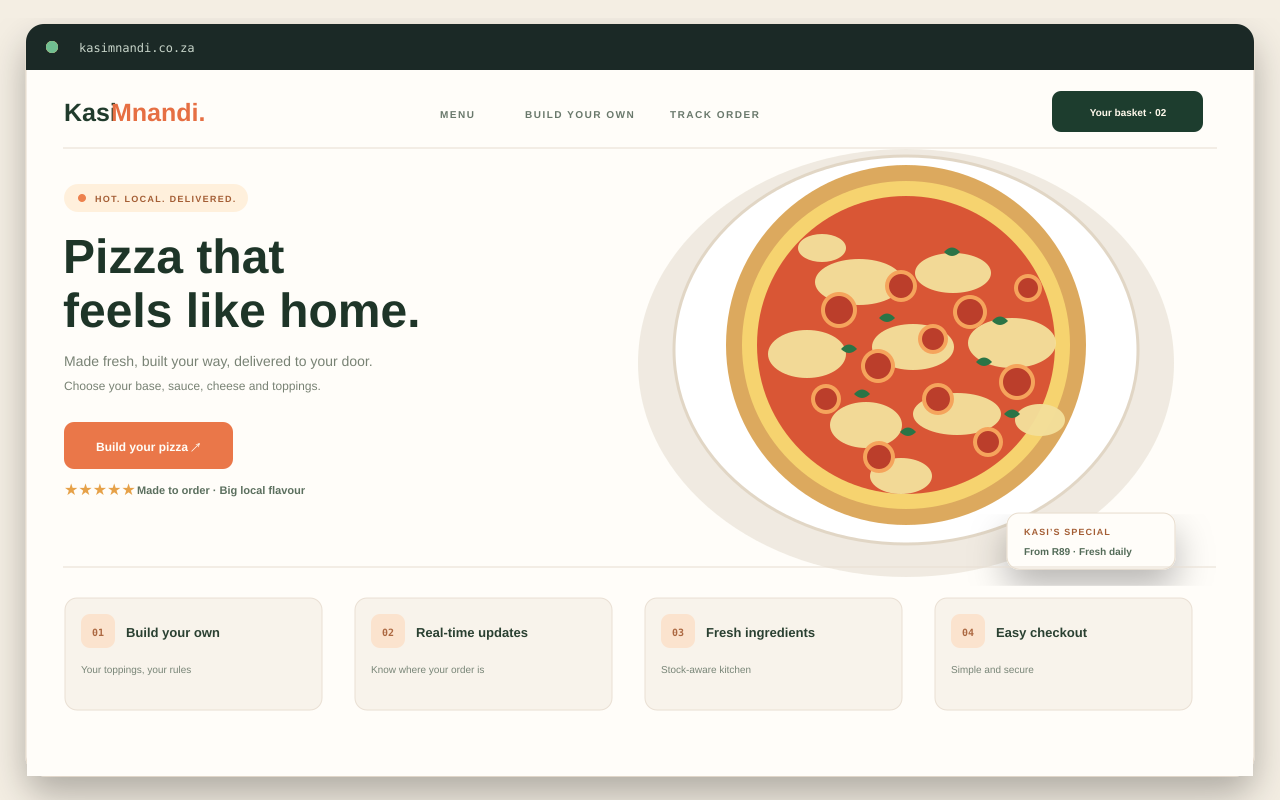 KasiMnandi pizza delivery storefront preview with a build-your-own-pizza hero and ordering features