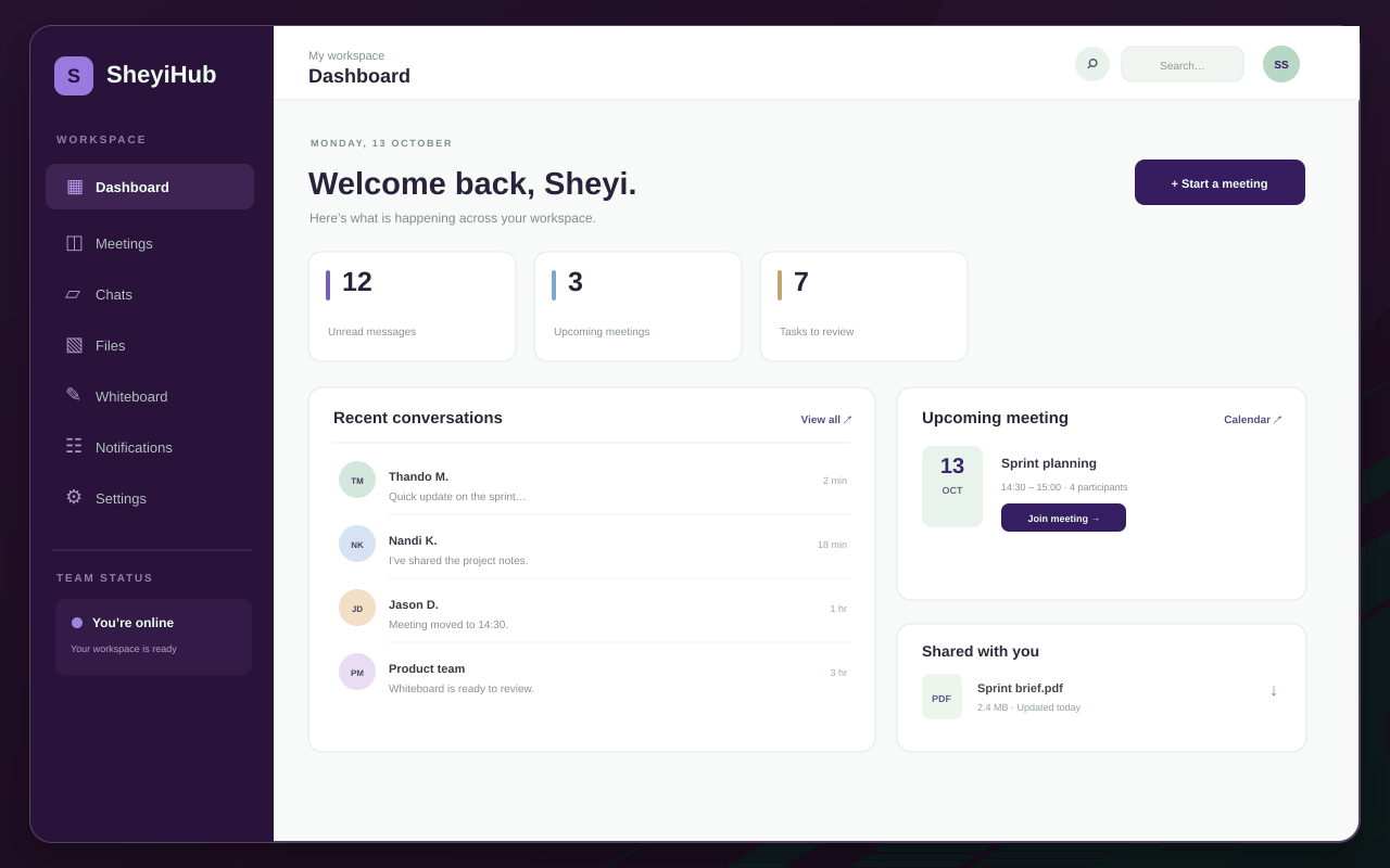 Purple SheyiHub collaboration dashboard preview; click to open the live SheyiHub app