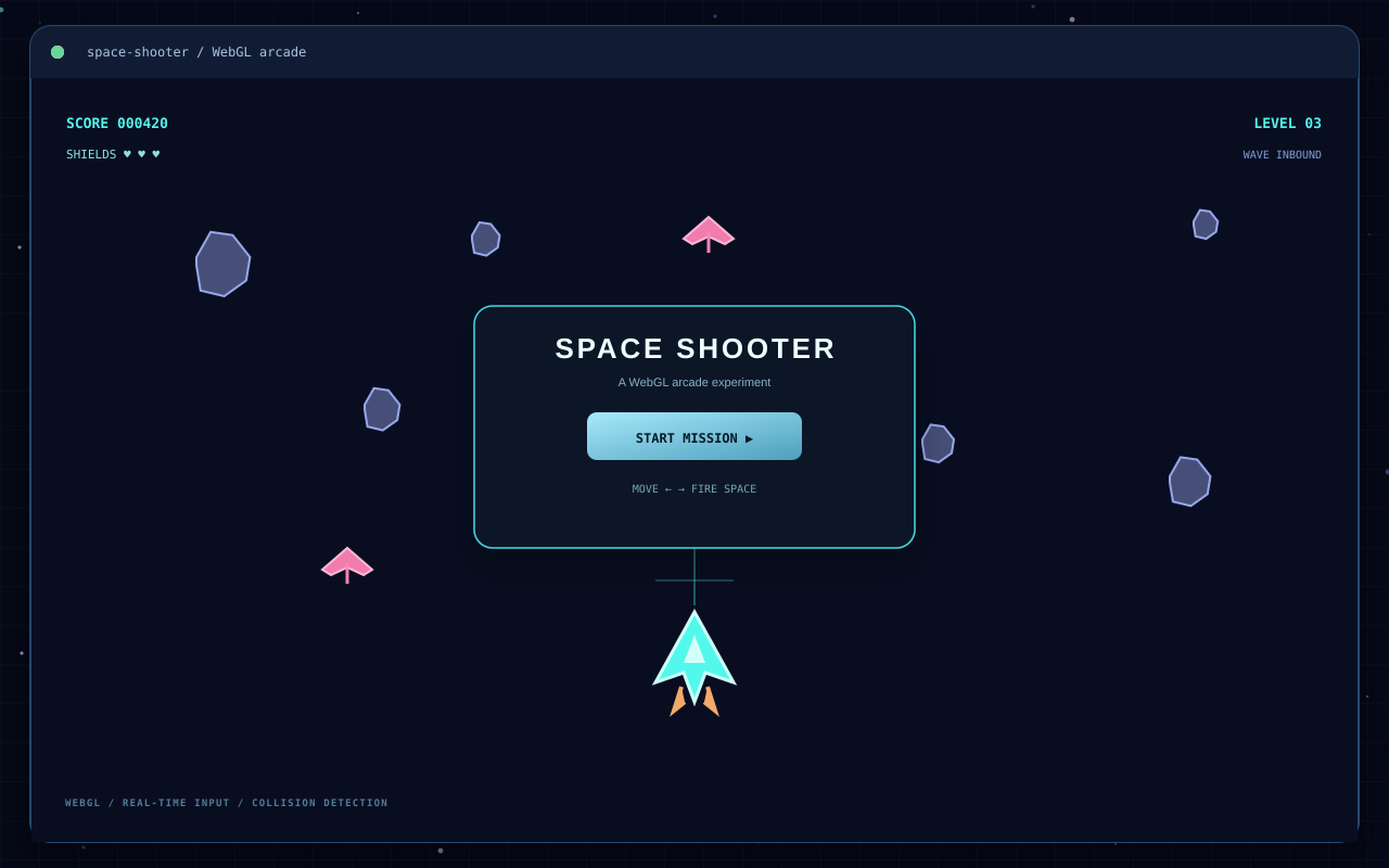Space Shooter WebGL arcade game preview showing score HUD, asteroids and the player ship